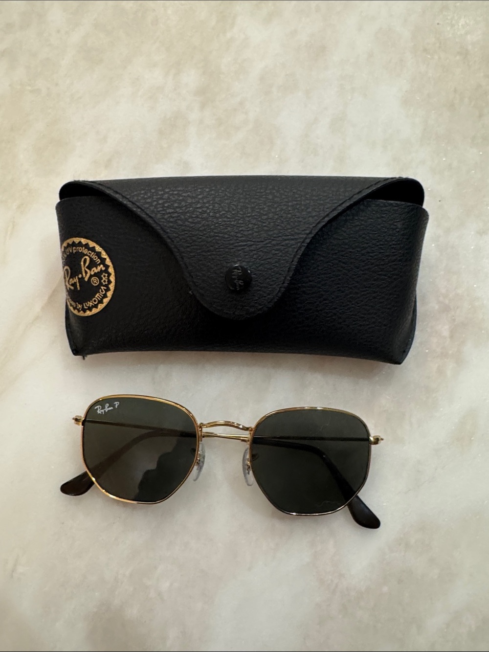 Ray-Ban Hexagonal Polarized Sunglasses Gold Green + Case